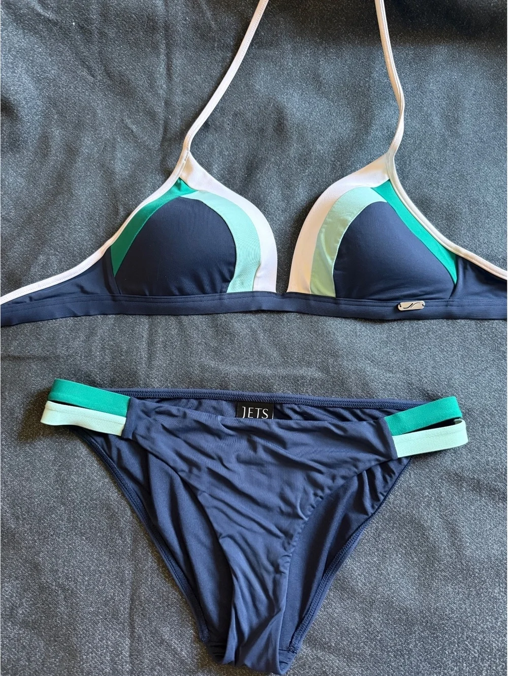 JETS Australia Navy Colorblock Bikini Set US 10 Triangle Top & Cutout Bottoms
